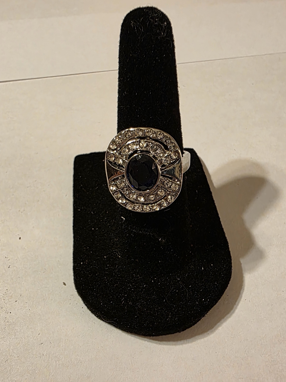 Silver-Tone Ring with Black Center Stone and Crystal Accents